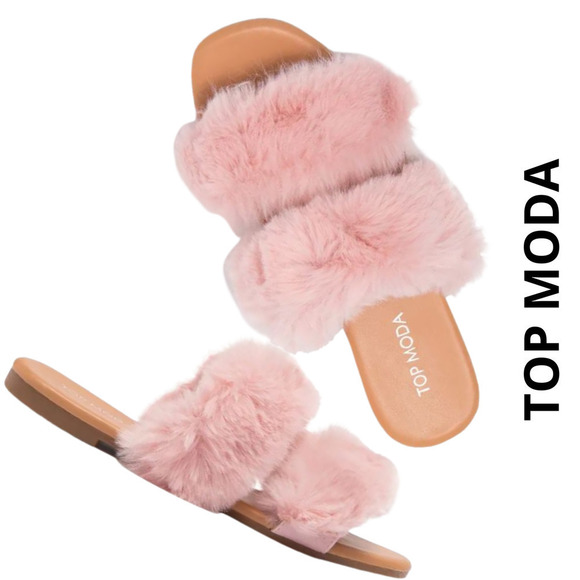 Top Moda Blush Pink Faux Fur Slide Sandal, 7.5 New in Box - Picture 1 of 10